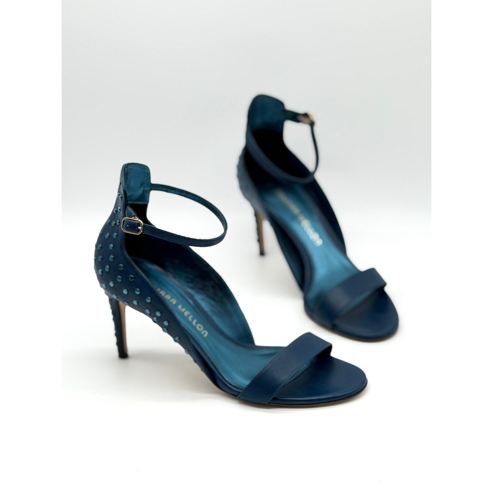 TAMARA MELLON Studded Sandals Women 36 Blue Stiletto Heel Ankle Strap Leather